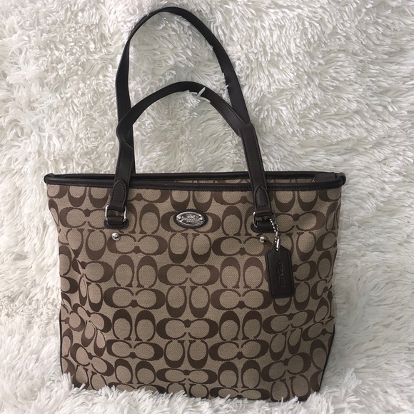 Coach Handbags - Coach Signature Canvas Zip Top Tote Handbag